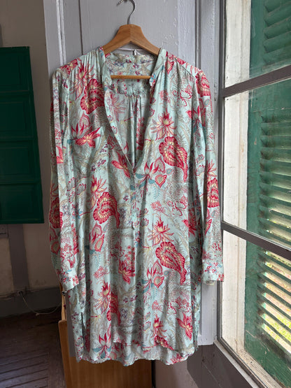 Floral Beach Tunic Dress | Aqua Botanical Shirt Dress with Side Slits | Lightweight Pool and Resort Cover-Up
