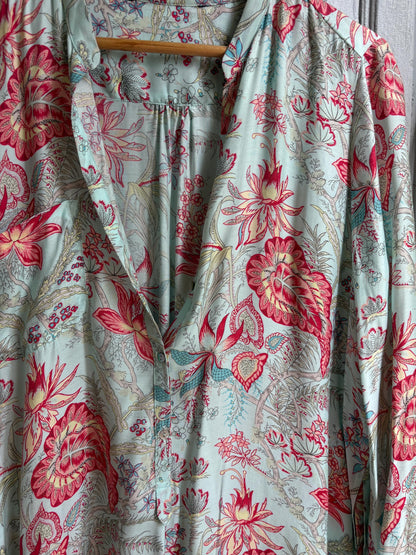 Floral Beach Tunic Dress | Aqua Botanical Shirt Dress with Side Slits | Lightweight Pool and Resort Cover-Up