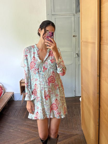 Floral Beach Tunic Dress | Aqua Botanical Shirt Dress with Side Slits | Lightweight Pool and Resort Cover-Up