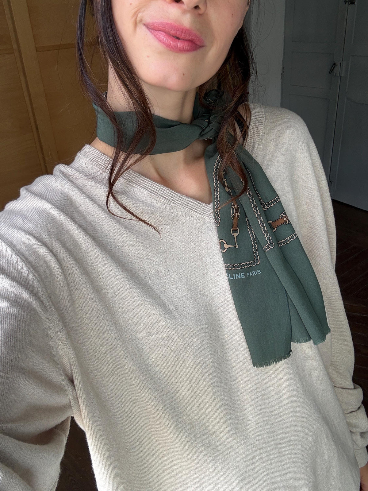 Preloved Designer Foulard , Green Equestrian Scarf | Long Horse Bit & Chain Print Scarf |