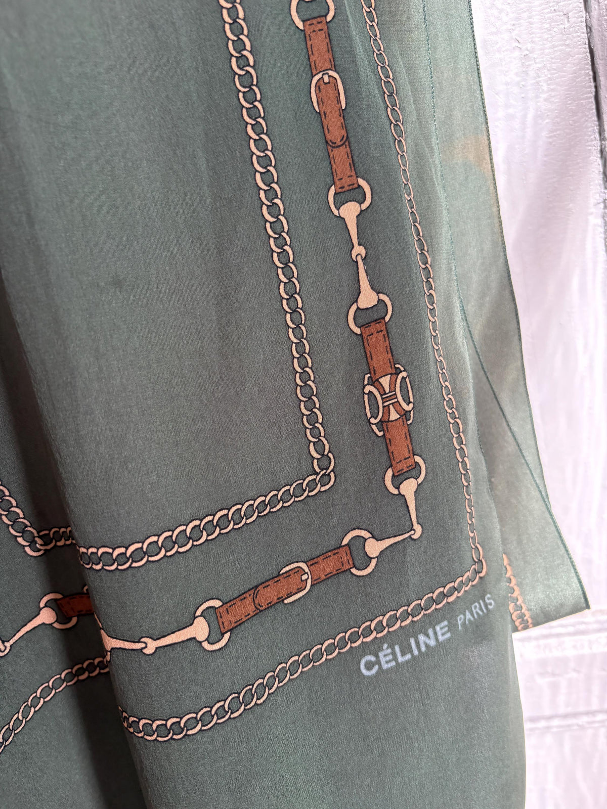 Preloved Designer Foulard , Green Equestrian Scarf | Long Horse Bit & Chain Print Scarf |