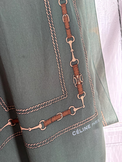 Preloved Designer Foulard , Green Equestrian Scarf | Long Horse Bit & Chain Print Scarf |