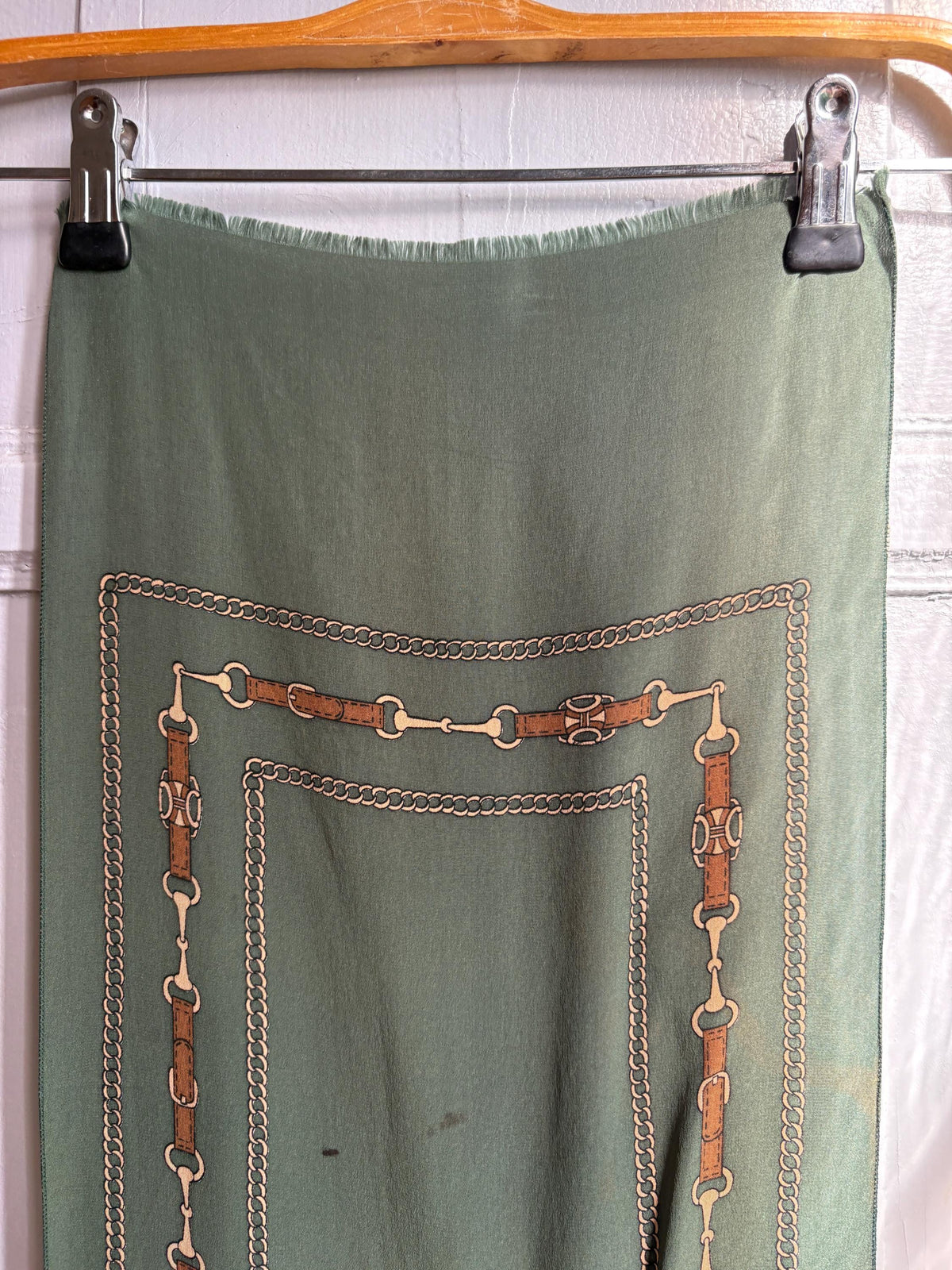 Preloved Designer Foulard , Green Equestrian Scarf | Long Horse Bit & Chain Print Scarf |