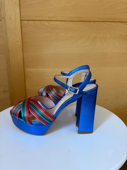 Rainbow Leather Platform Heels EU 37 | Metallic Blue Spanish Sandals | Colorful Chunky Party Shoes Made in Spain