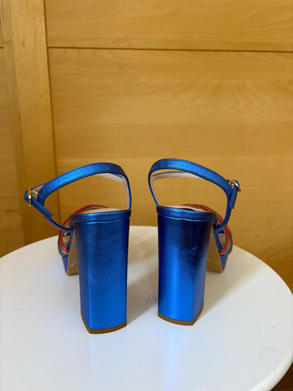 Rainbow Leather Platform Heels EU 37 | Metallic Blue Spanish Sandals | Colorful Chunky Party Shoes Made in Spain