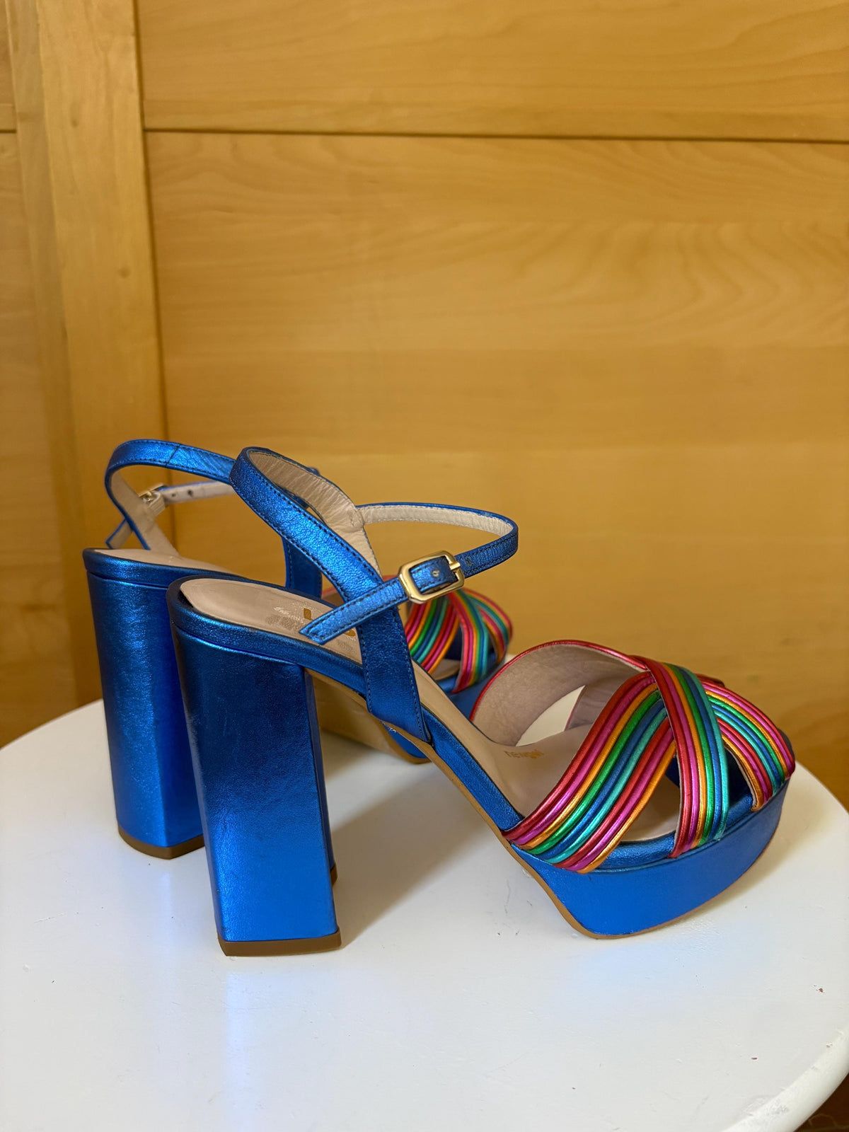 Rainbow Leather Platform Heels EU 37 | Metallic Blue Spanish Sandals | Colorful Chunky Party Shoes Made in Spain