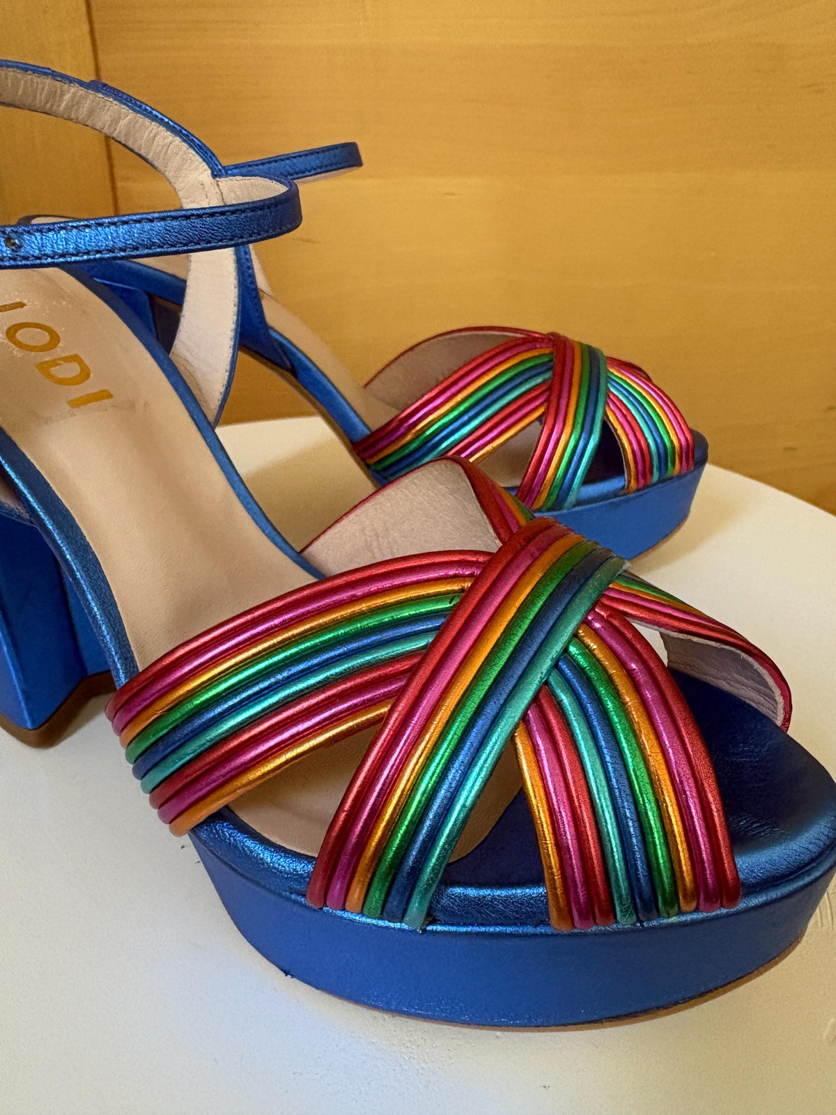 Rainbow Leather Platform Heels EU 37 | Metallic Blue Spanish Sandals | Colorful Chunky Party Shoes Made in Spain
