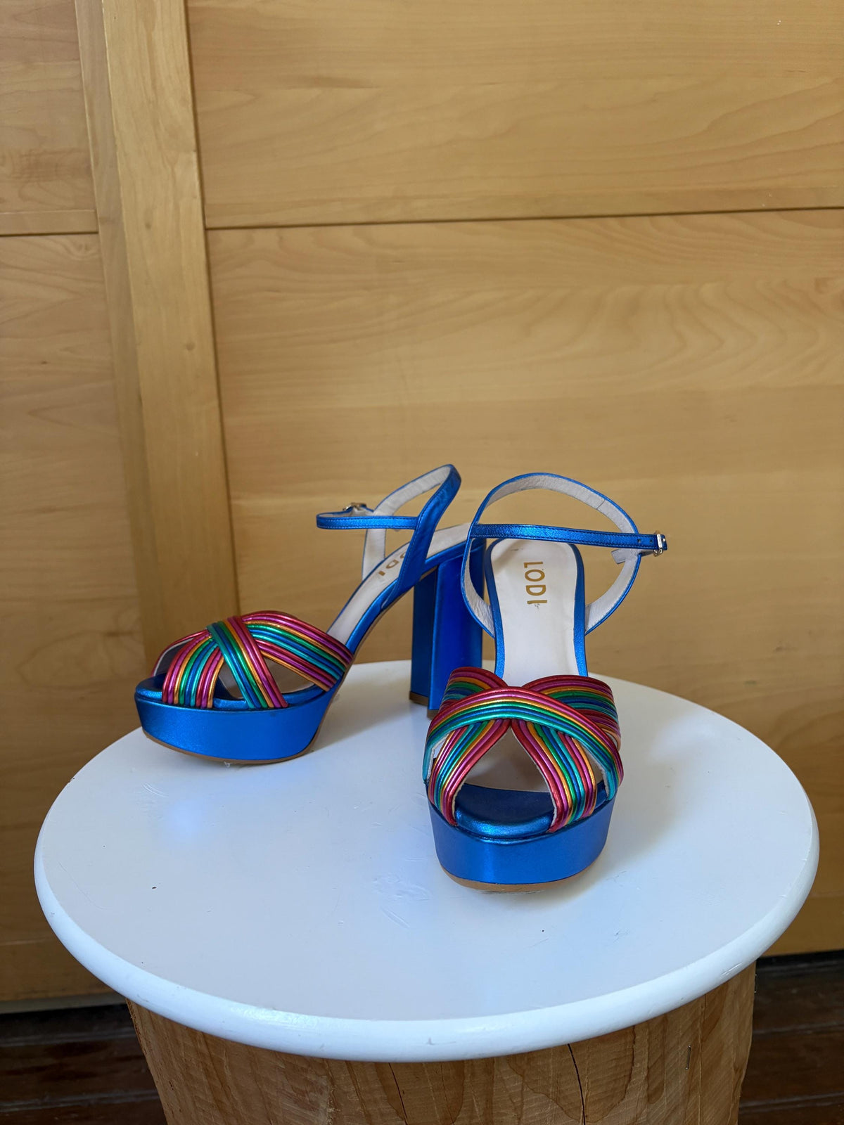 Rainbow Leather Platform Heels EU 37 | Metallic Blue Spanish Sandals | Colorful Chunky Party Shoes Made in Spain