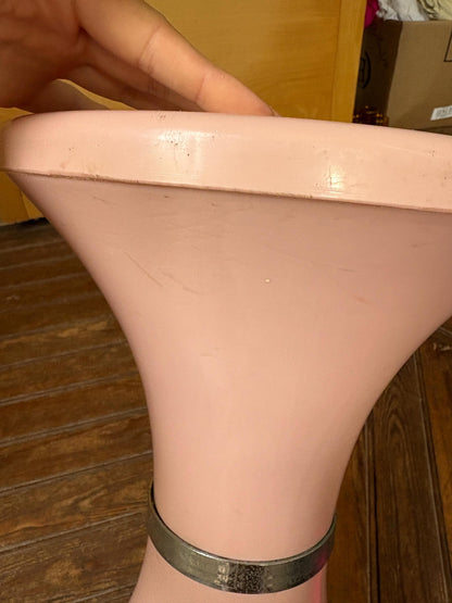 Vintage Pink Space Age Side Table | Retro Plastic Pedestal Table | Tam Tam Style Bedside Stand with Silver-Tone Trim