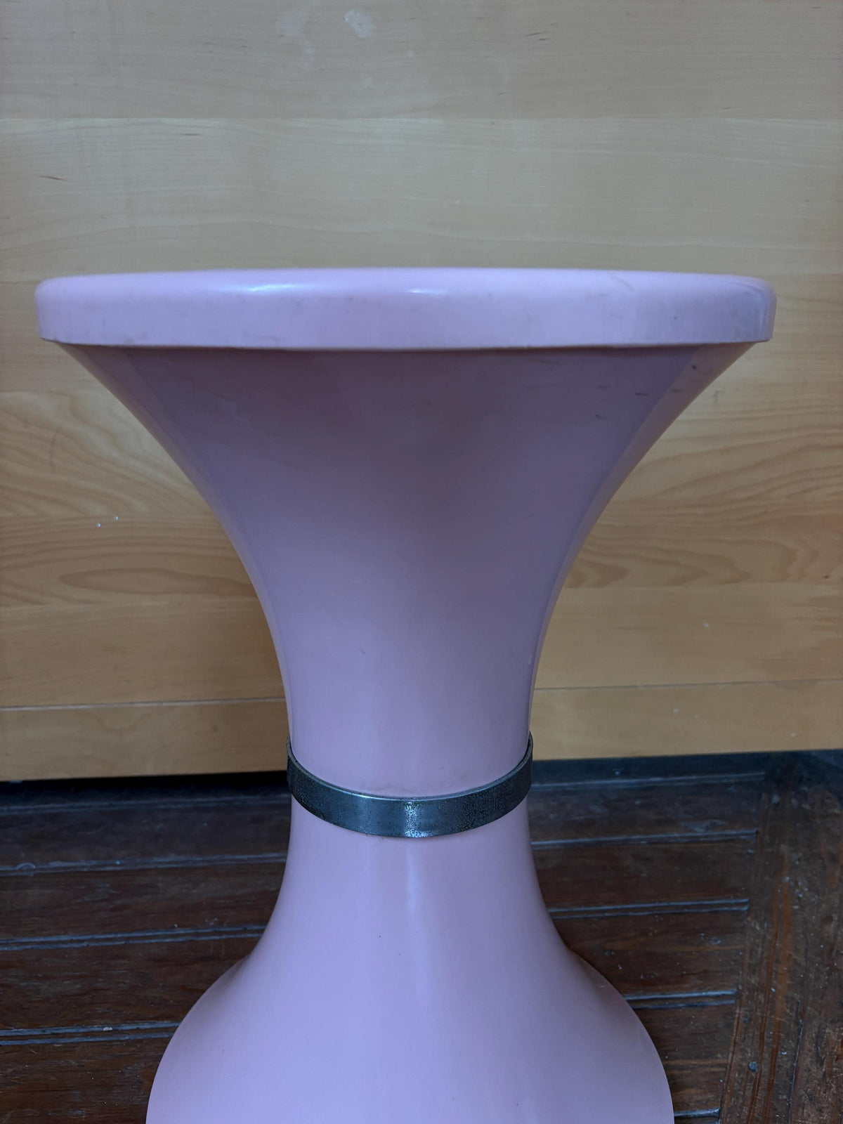 Vintage Pink Space Age Side Table | Retro Plastic Pedestal Table | Tam Tam Style Bedside Stand with Silver-Tone Trim