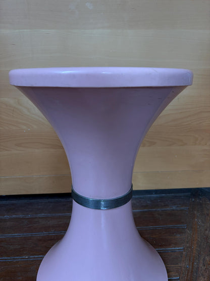 Vintage Pink Space Age Side Table | Retro Plastic Pedestal Table | Tam Tam Style Bedside Stand with Silver-Tone Trim