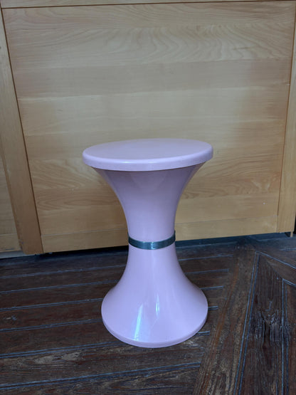 Vintage Pink Space Age Side Table | Retro Plastic Pedestal Table | Tam Tam Style Bedside Stand with Silver-Tone Trim