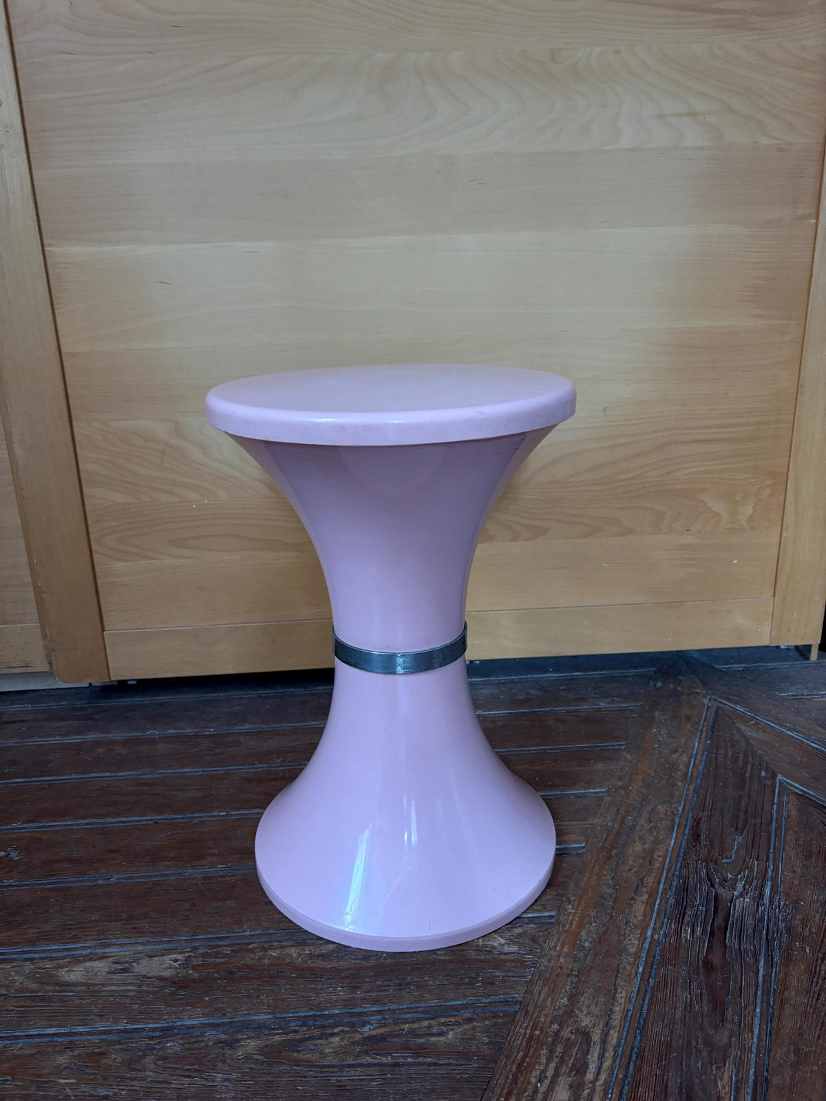 Vintage Pink Space Age Side Table | Retro Plastic Pedestal Table | Tam Tam Style Bedside Stand with Silver-Tone Trim