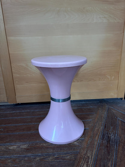 Vintage Pink Space Age Side Table | Retro Plastic Pedestal Table | Tam Tam Style Bedside Stand with Silver-Tone Trim