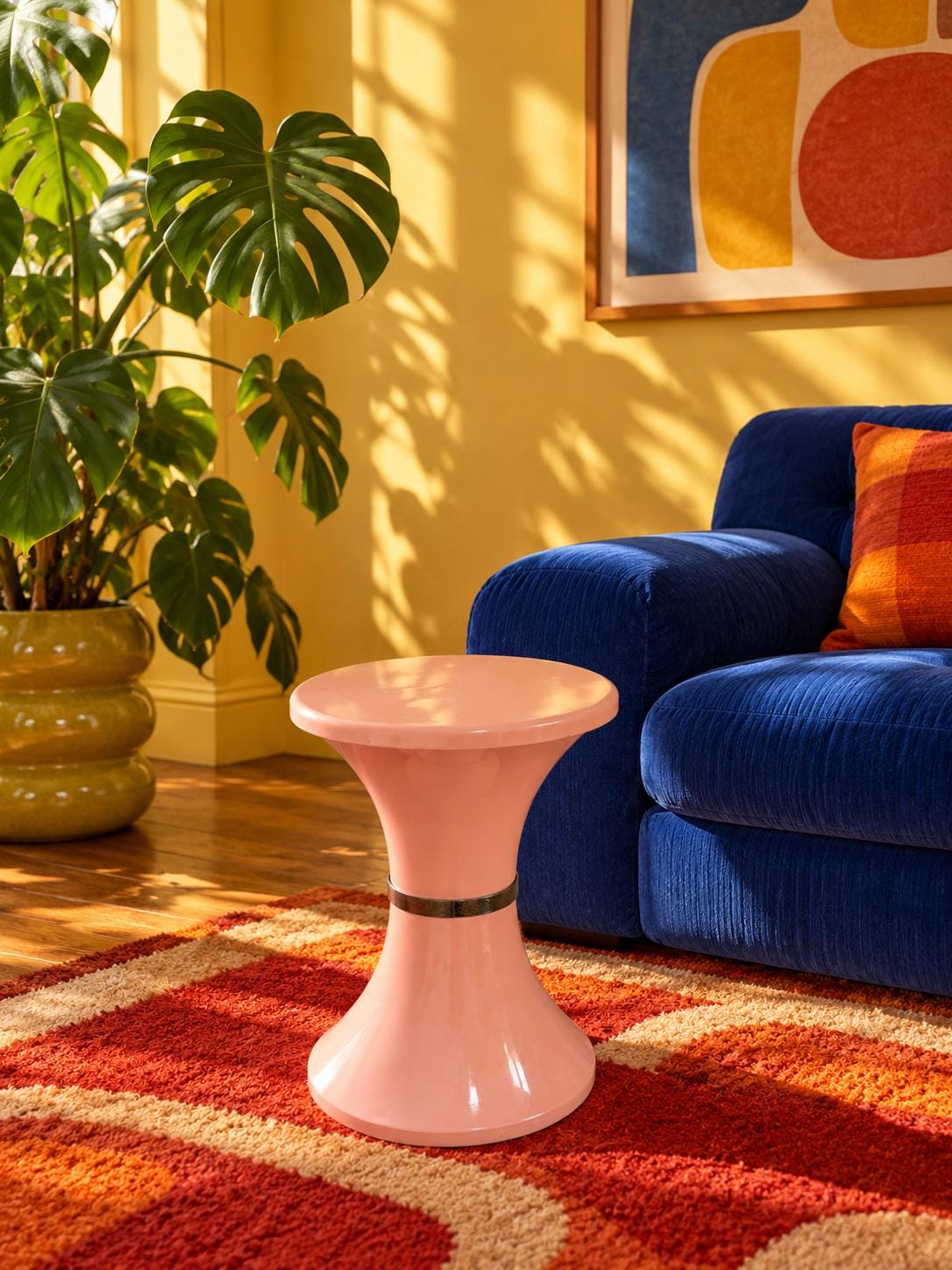 Vintage Pink Space Age Side Table | Retro Plastic Pedestal Table | Tam Tam Style Bedside Stand with Silver-Tone Trim
