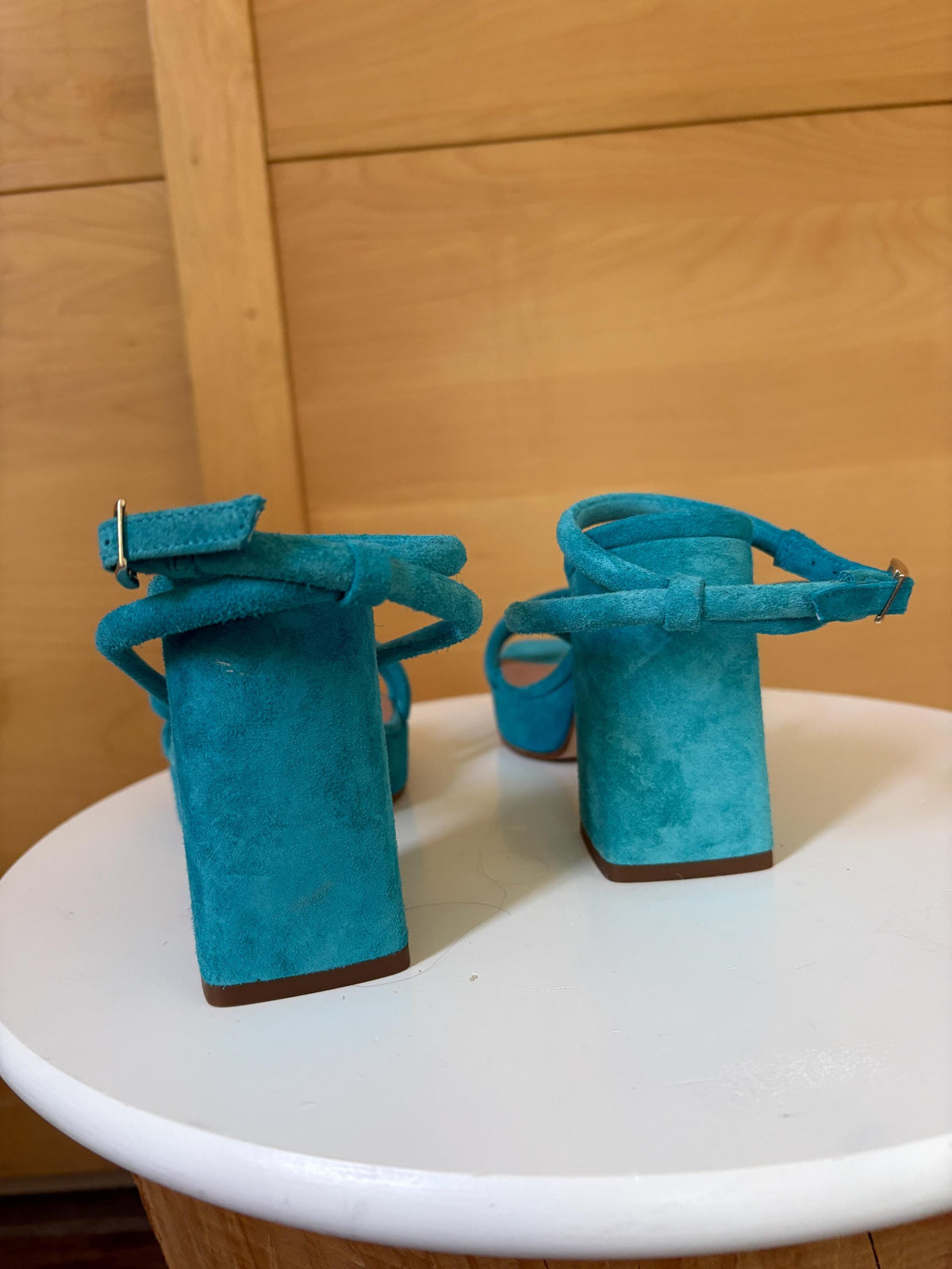 Blue Suede Platform Heels EU 37 | Spanish Leather Block-Heel Sandals | Vibrant Turquoise Designer Shoes