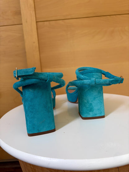 Blue Suede Platform Heels EU 37 | Spanish Leather Block-Heel Sandals | Vibrant Turquoise Designer Shoes