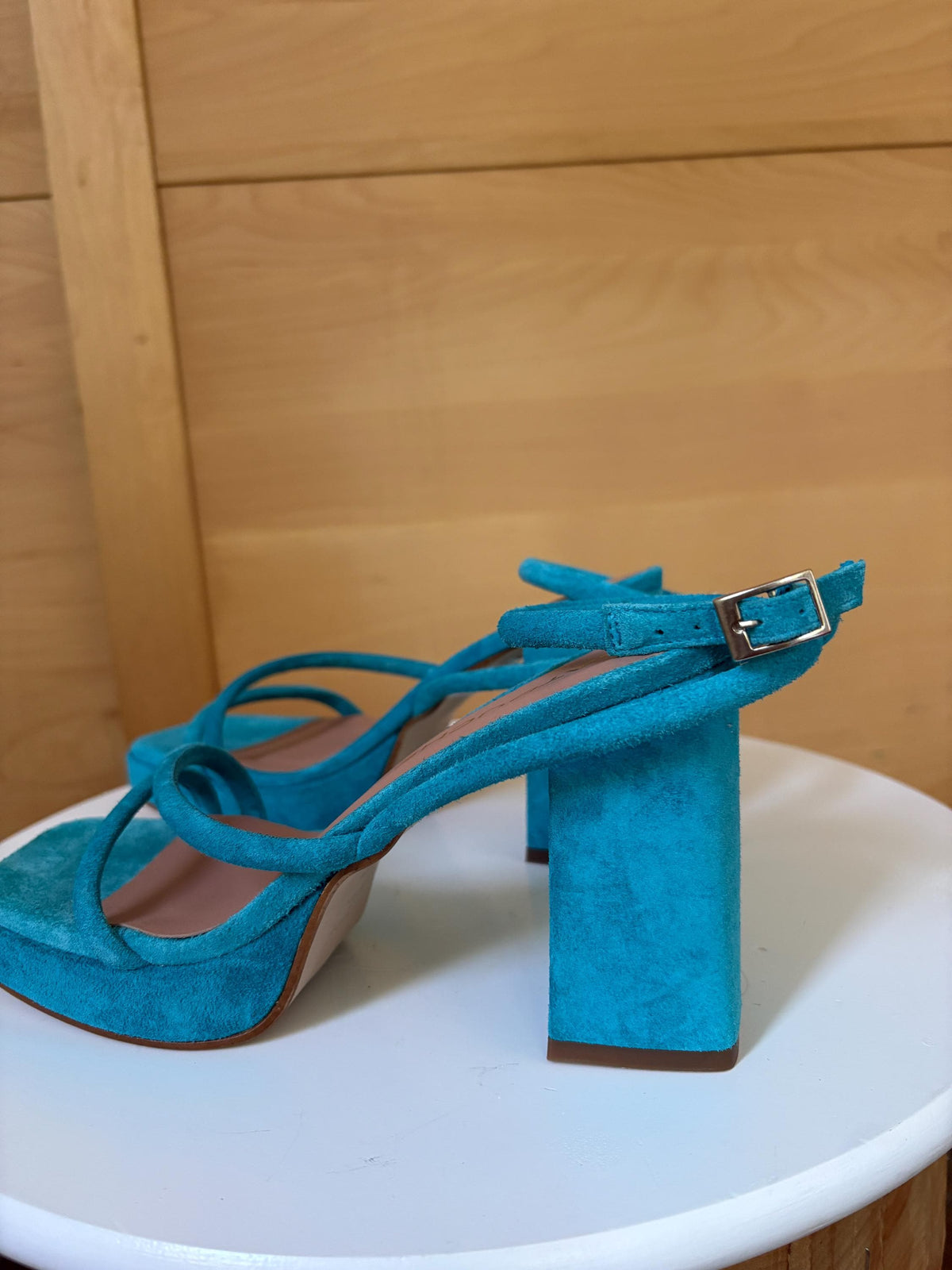 Blue Suede Platform Heels EU 37 | Spanish Leather Block-Heel Sandals | Vibrant Turquoise Designer Shoes