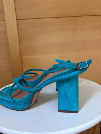 Blue Suede Platform Heels EU 37 | Spanish Leather Block-Heel Sandals | Vibrant Turquoise Designer Shoes