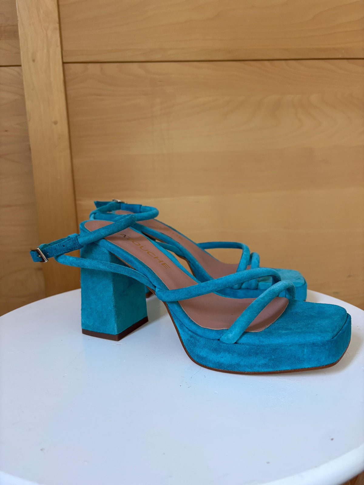 Blue Suede Platform Heels EU 37 | Spanish Leather Block-Heel Sandals | Vibrant Turquoise Designer Shoes