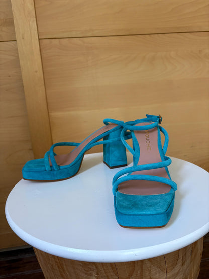 Blue Suede Platform Heels EU 37 | Spanish Leather Block-Heel Sandals | Vibrant Turquoise Designer Shoes
