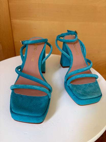 Blue Suede Platform Heels EU 37 | Spanish Leather Block-Heel Sandals | Vibrant Turquoise Designer Shoes