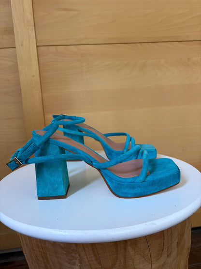 Blue Suede Platform Heels EU 37 | Spanish Leather Block-Heel Sandals | Vibrant Turquoise Designer Shoes