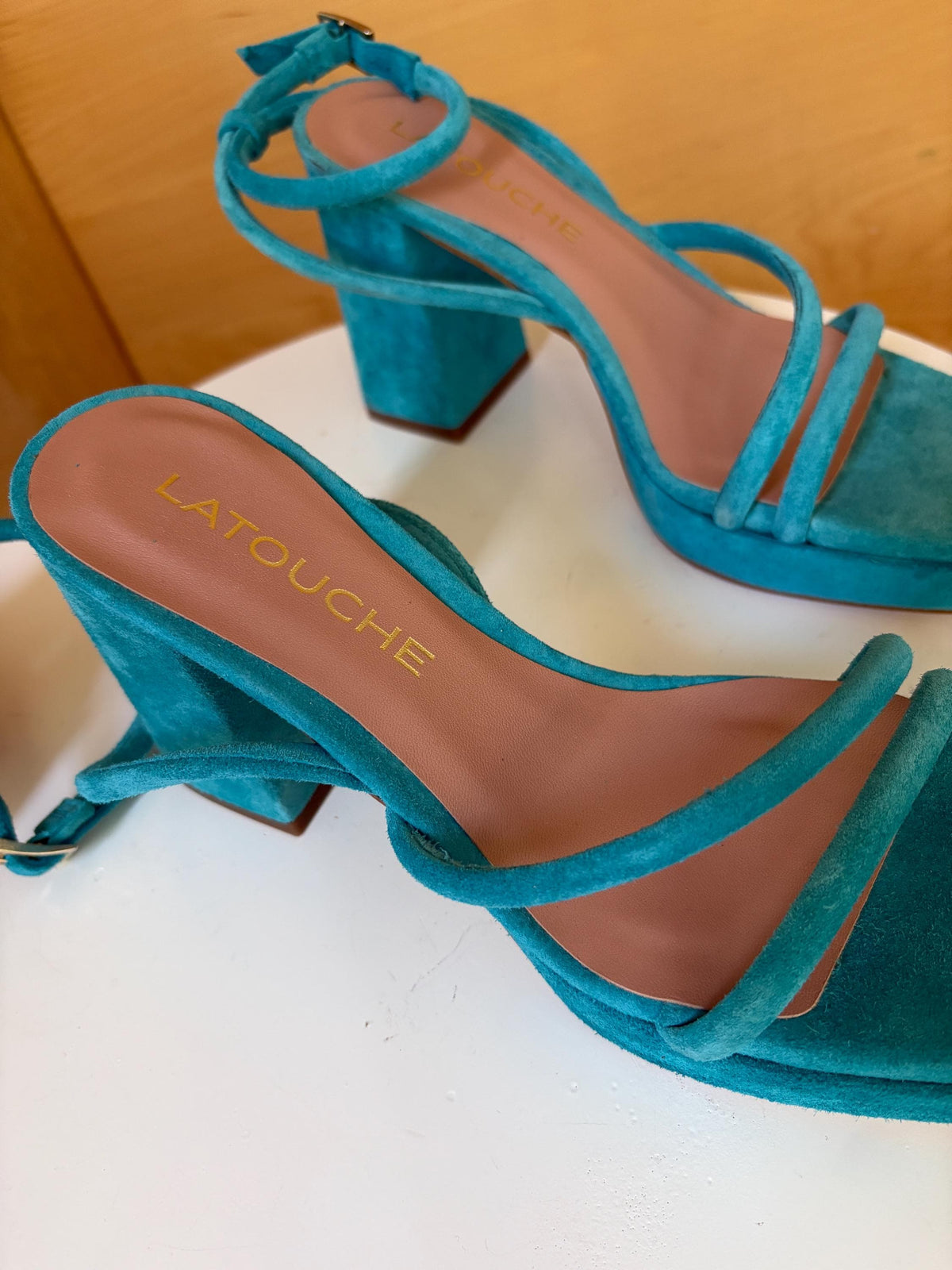 Blue Suede Platform Heels EU 37 | Spanish Leather Block-Heel Sandals | Vibrant Turquoise Designer Shoes