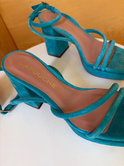Blue Suede Platform Heels EU 37 | Spanish Leather Block-Heel Sandals | Vibrant Turquoise Designer Shoes