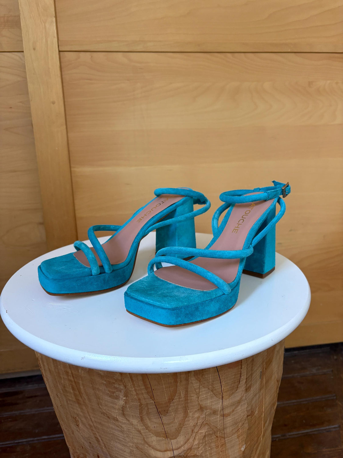 Blue Suede Platform Heels EU 37 | Spanish Leather Block-Heel Sandals | Vibrant Turquoise Designer Shoes