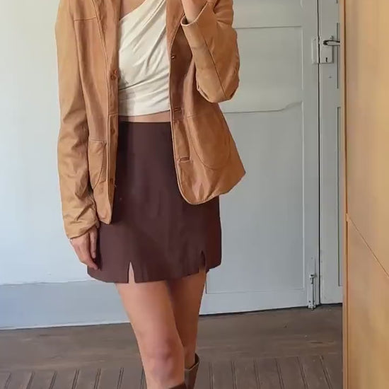Vintage Piel de Caprino leather blazer, Tan light brown jacket, unisex casual oversized fit, classic retro 90s aesthetic,