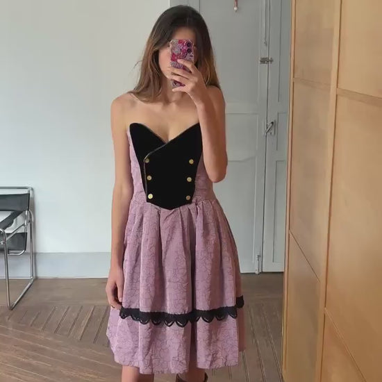Vintage Spanish designer unique Paco Guzman Strapless Velvet & Satin Dress – Gothic Rococo Inspired outfit, Purple and black velvet costume