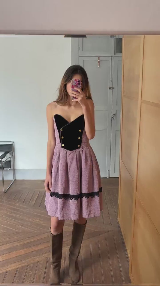 Vintage Spanish designer unique Paco Guzman Strapless Velvet & Satin Dress – Gothic Rococo Inspired outfit, Purple and black velvet costume