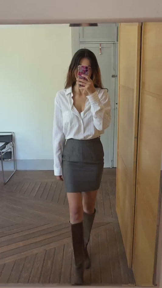 Vintage Dark Grey Wool Mini Skirt – High Waist Preppy Academia Aesthetic – Handmade Classic Plaid Schoolgirl Style – Size S