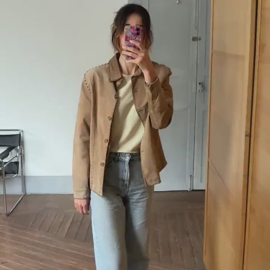 Vintage tan Leather Jacket, Genuine Pigskin Western Boho brown Blazer, Size I 46 | UK 14 | Spain 42 | USA M