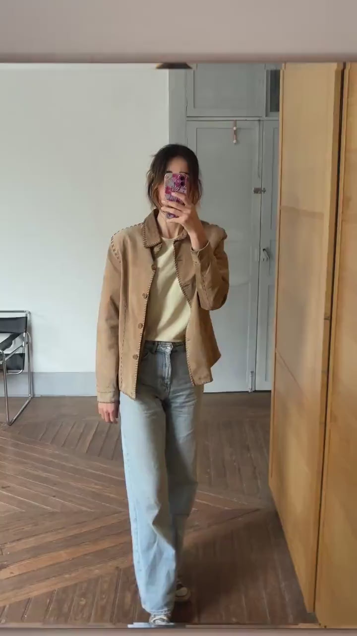 Vintage tan Leather Jacket, Genuine Pigskin Western Boho brown Blazer, Size I 46 | UK 14 | Spain 42 | USA M