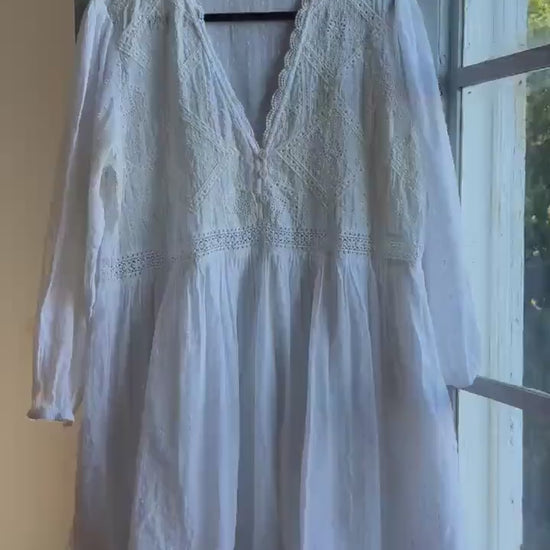 White Cotton Boho Dress, Romantic Lace Summer Mini,  Prairie Cottagecore Beach wear, Womens Relaxed Babydoll