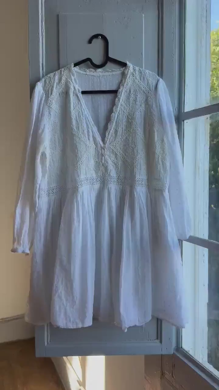 White Cotton Boho Dress, Romantic Lace Summer Mini,  Prairie Cottagecore Beach wear, Womens Relaxed Babydoll