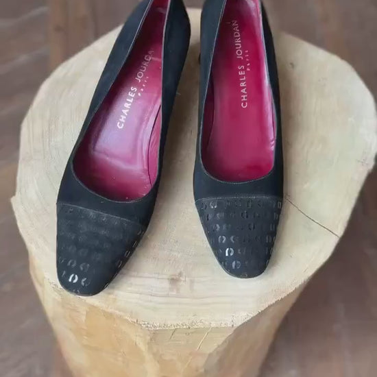 Vintage Charles Jourdan Paris Black Suede Leather Heels - Size 8.5 EU 39 UK 6 - Designer Pumps