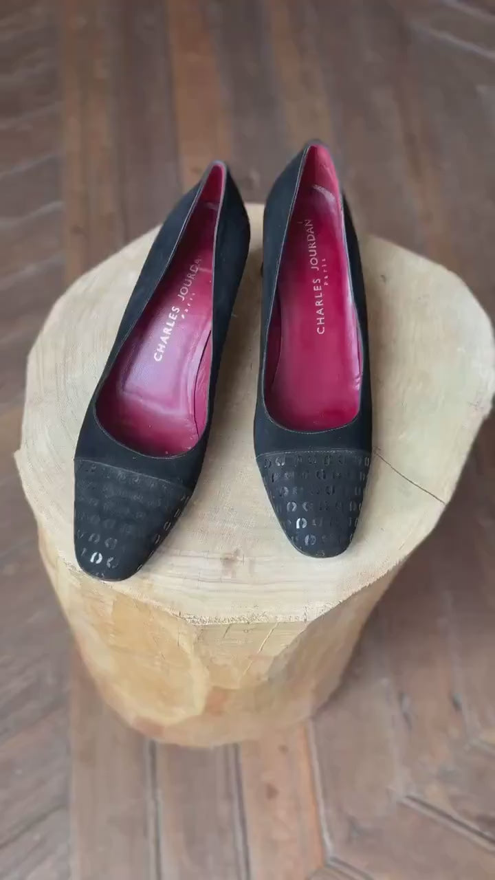 Vintage Charles Jourdan Paris Black Suede Leather Heels - Size 8.5 EU 39 UK 6 - Designer Pumps