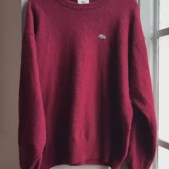 Vintage Lacoste burgundy lambswool pullover, crew neck retro 80s unisex jumper