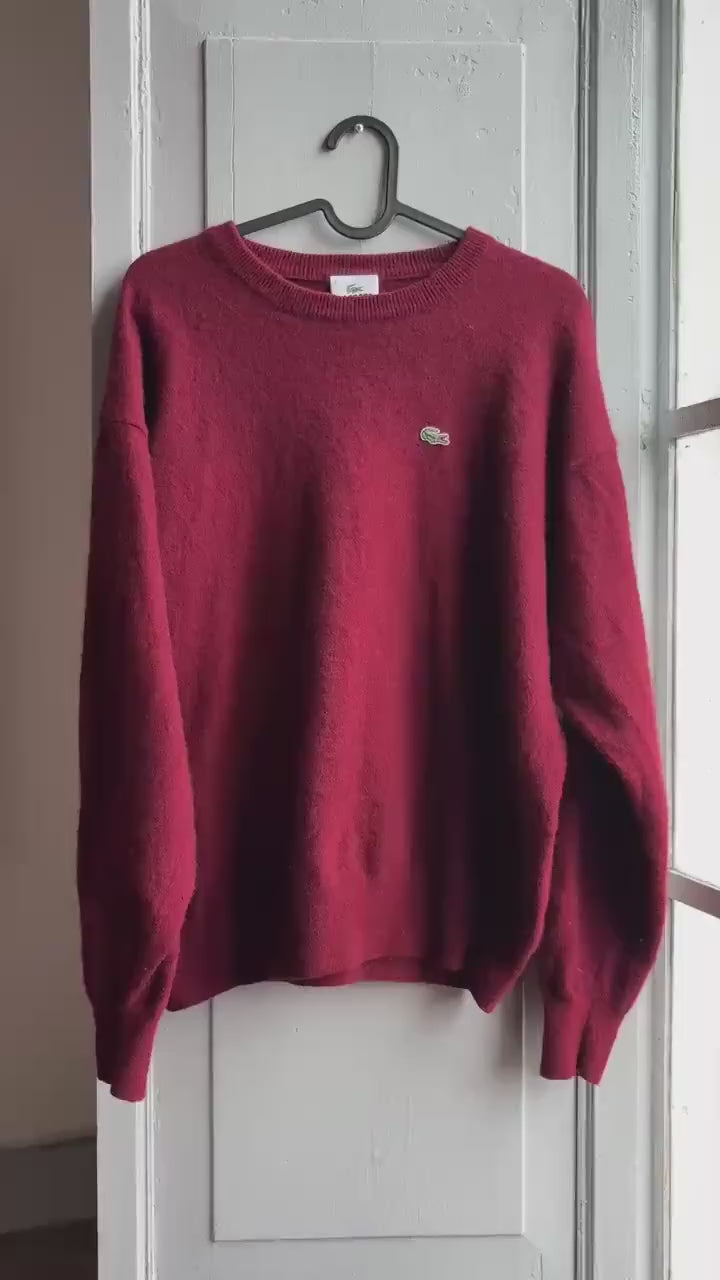 Vintage Lacoste burgundy lambswool pullover, crew neck retro 80s unisex jumper
