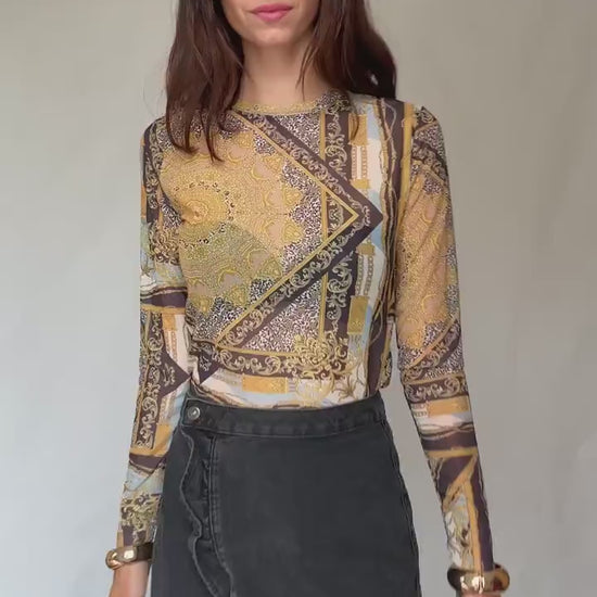 Y2K sheer baroque print mesh long sleeve women’s top – gold black blue vintage style (US S-M fit)