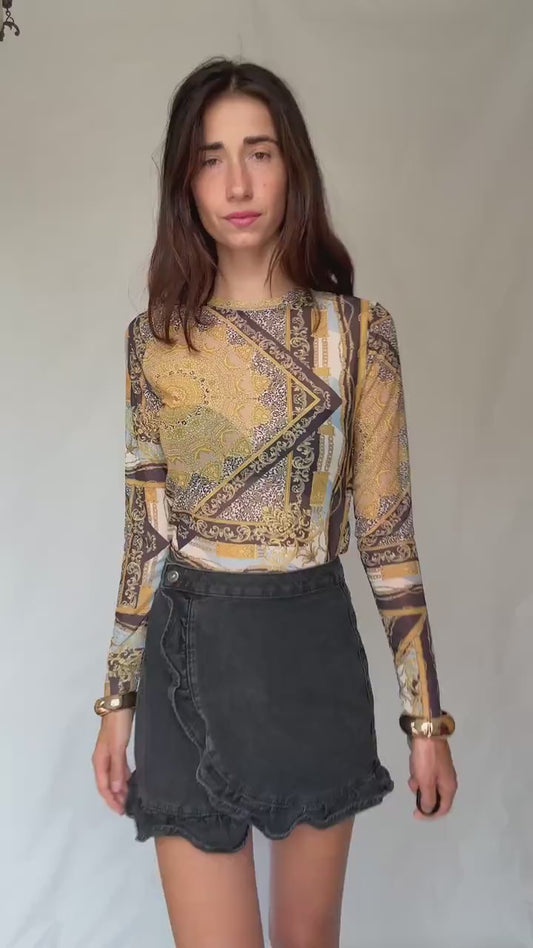 Y2K sheer baroque print mesh long sleeve women’s top – gold black blue vintage style (US S-M fit)