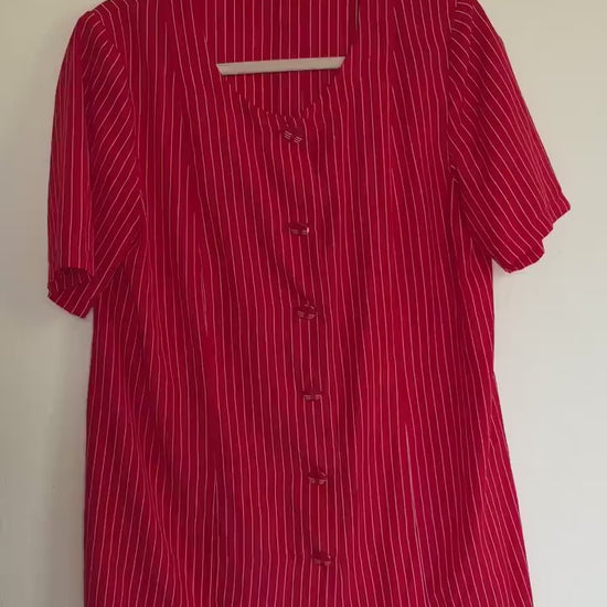 Vintage red and white striped blouse, groovy buttons, retro 70s top