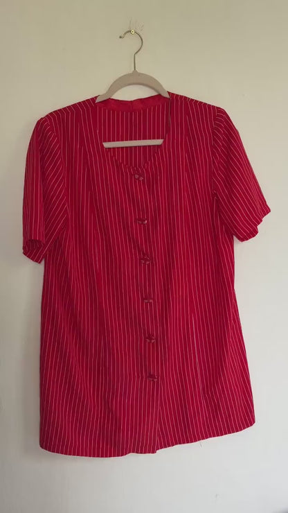 Vintage red and white striped blouse, groovy buttons, retro 70s top