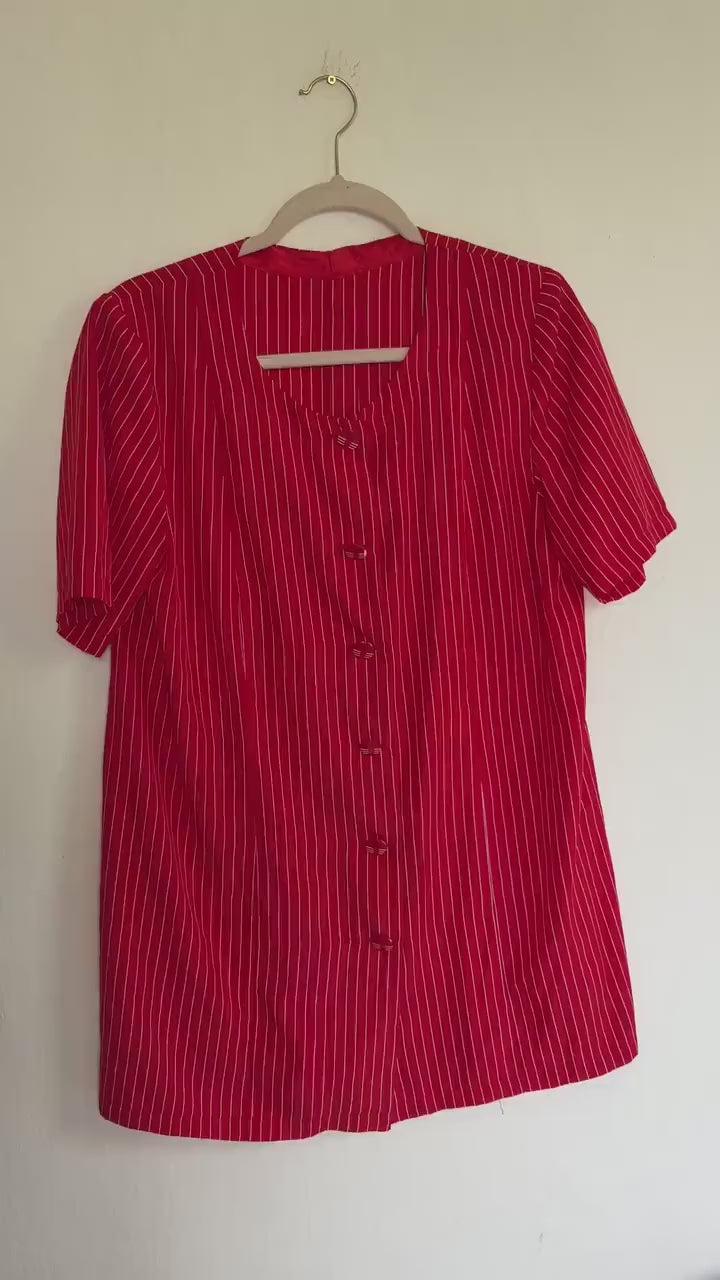 Vintage red and white striped blouse, groovy buttons, retro 70s top