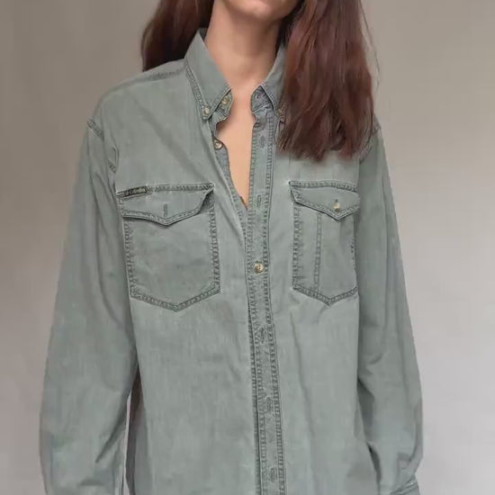 Vintage Columbia light gray denim shirt, Cotton relaxed fit button up shirt, XL