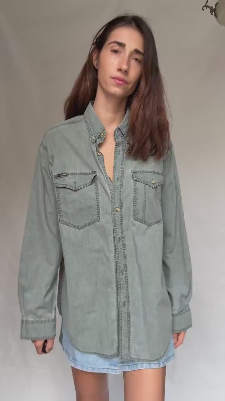 Vintage Columbia light gray denim shirt, Cotton relaxed fit button up shirt, XL