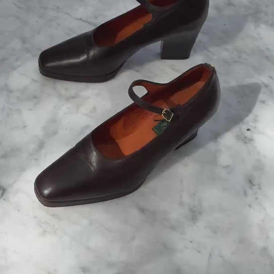Vintage El Caballo dark brown leather Mary Jane heels, 8 cm block heel shoes, made in Spain, 36 size, classic retro leather pumps